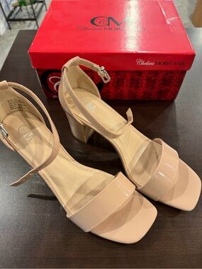 Chelsea Moreland Nude Patent Block Heel Sandals